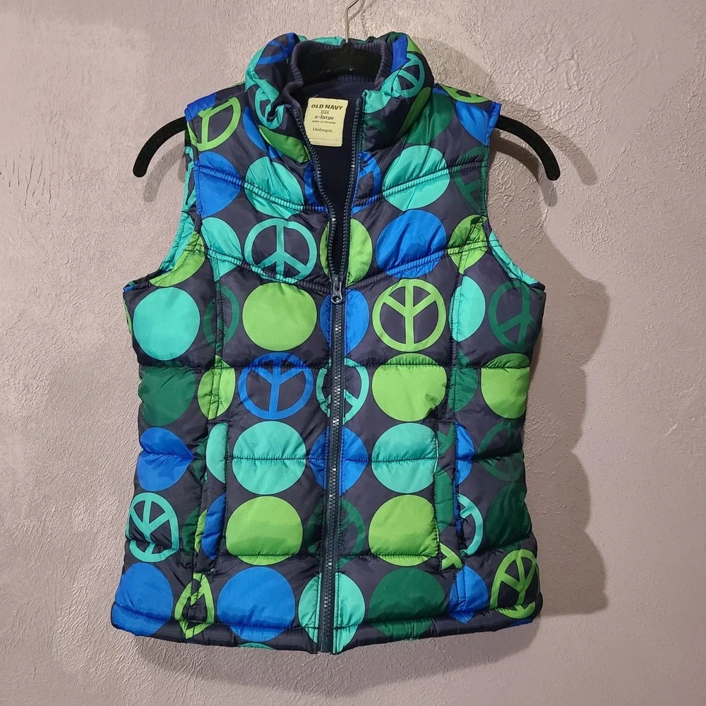Old Navy Puffer Peace Sign‎ Vest Fleece Lined Girls XL - Picture 2 of 7